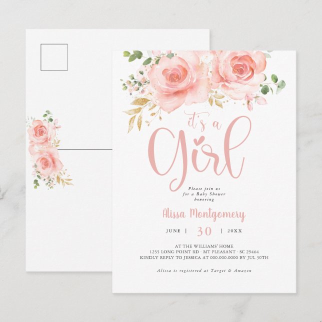 Carte postale fille Baby shower rose et or (Devant / Derrière)