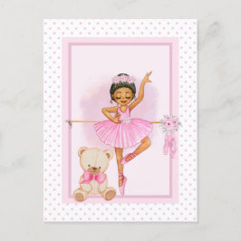 Carte Postale Fille ballerine & ours en peluche pois rose