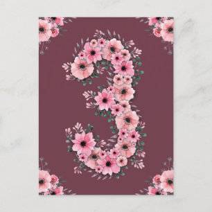 Carte Postale Fille Big 3e anniversaire Fleurs roses Lieux verts