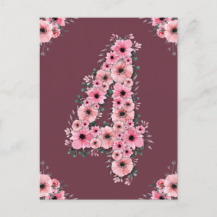 Carte Postale Fille Big 4e anniversaire Fleurs roses Lieux verts