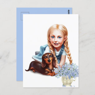 Carte Postale Fille blonde avec chiot Dachshund