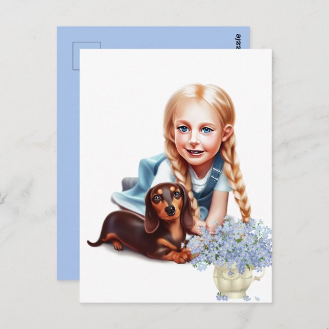 Carte Postale Fille blonde avec chiot Dachshund (Devant / Derrière)
