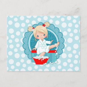 Carte Postale Fille blonde de Spa Bulles Turquoise Rouge Blanc