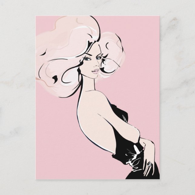 Carte Postale Fille blonde en noir sur fond rose (Devant)