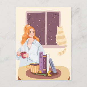 Carte Postale Fille Boire du thé avec chat dans une chambre conf