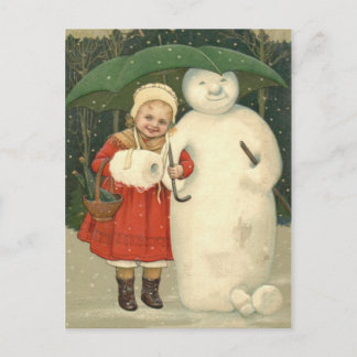 Carte Postale Fille Bonhomme de Neige Parapluie Chute de Neige