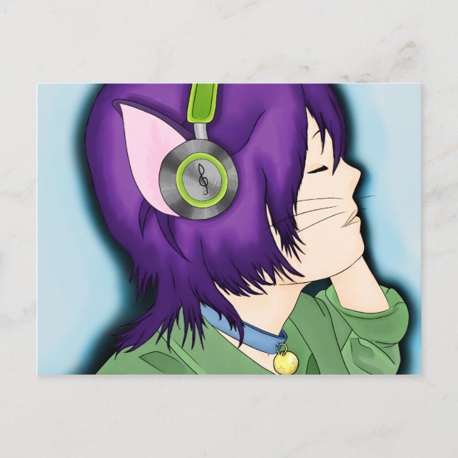 Carte Postale Fille Chat Flambée Violette Avec Casque (Devant)
