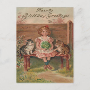 Carte Postale Fille Chat Kitten Fleurs Anniversaire