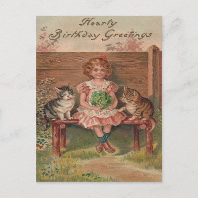 Carte Postale Fille Chat Kitten Fleurs Anniversaire (Devant)
