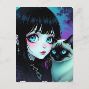 Carte Postale Fille d'anime et chat siamois Dire bonjour