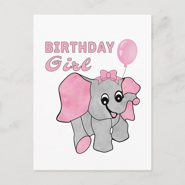 Carte Postale Fille d'anniversaire Éléphant bébé rose (Devant)