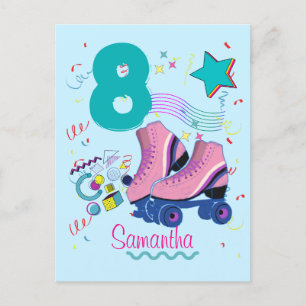 Carte Postale Fille d'anniversaire en patins à roulettes rétro 