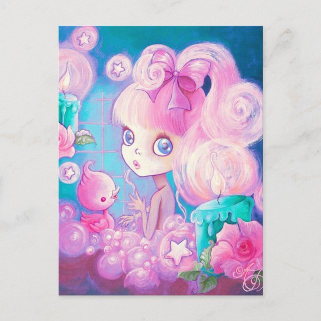 Carte Postale Fille dans Bain de Bubblebath avec bougies et Rose (Devant)