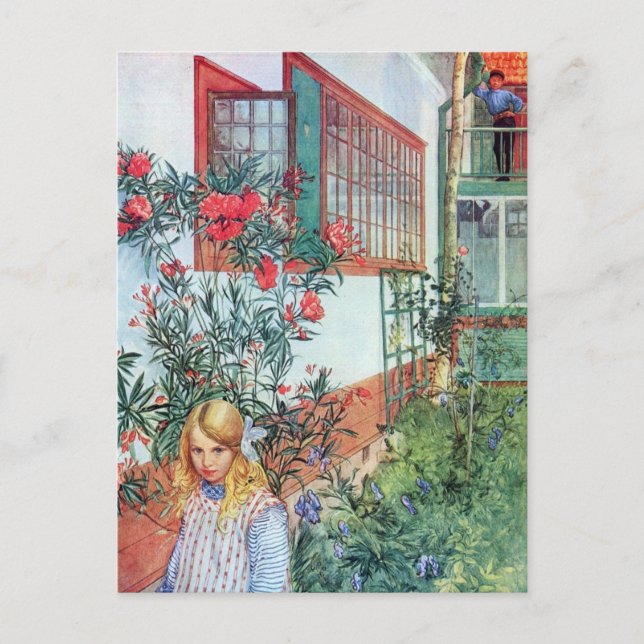 Carte Postale Fille dans le jardin avec des fleurs rouges (Devant)