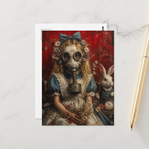 Carte Postale Fille dans un masque à gaz avec lapin blanc