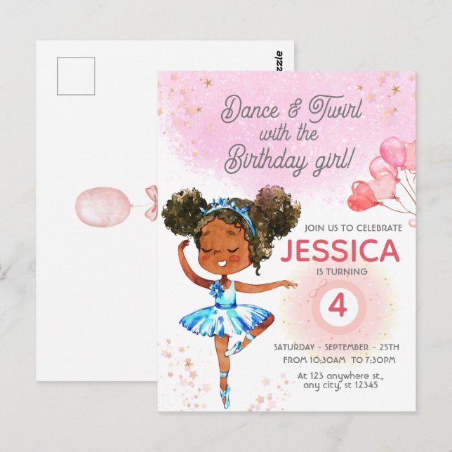 Carte Postale Fille de ballet rose danse et tournoie Anniversair (Devant / Derrière)