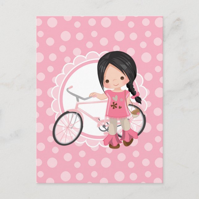 Carte Postale Fille de bicyclette aux cheveux noirs - Rose blanc (Devant)