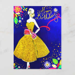 Carte Postale Fille de Glamour Fleur Or Fête d'Anniversaire Pail