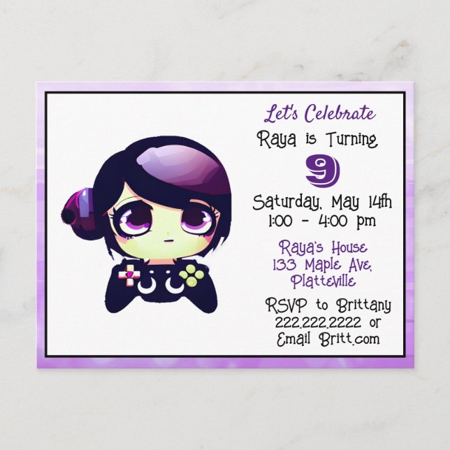 Carte Postale Fille de jeu animée violet et noir Anniversaire d' (Devant)