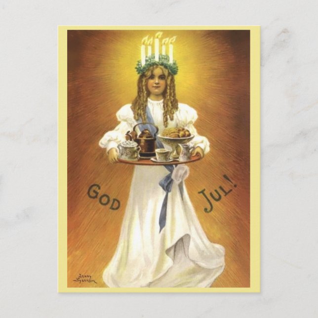 Carte Postale Fille de Noël suédoise Lit Candle Wreath sur la tê (Devant)
