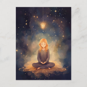 Carte Postale Fille de yoga en méditation, nuages d'étoiles de r