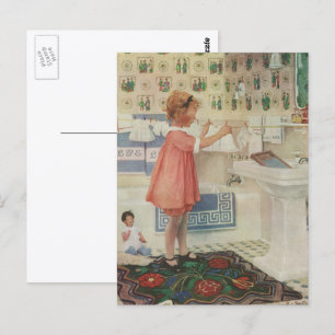 Carte Postale Fille d'époque, enfant faisant la lessive suspenda