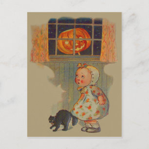 Carte Postale Fille effrayée Jack O' Lanterne Manchette noire