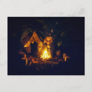 Carte Postale Fille elfe d'Acorn près du feu de camp en camping