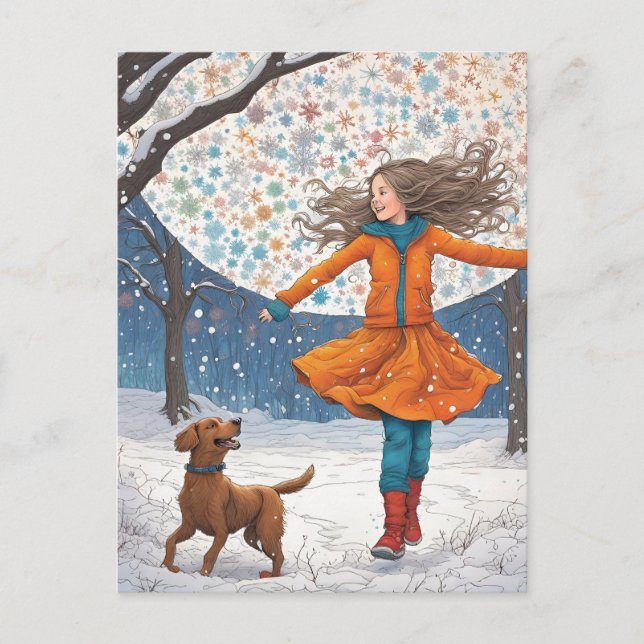 Carte Postale Fille et son chien Happiness hiver (Devant)