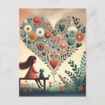 Fille Fantaisiste et Chat à Côté d'un Cœur Floral