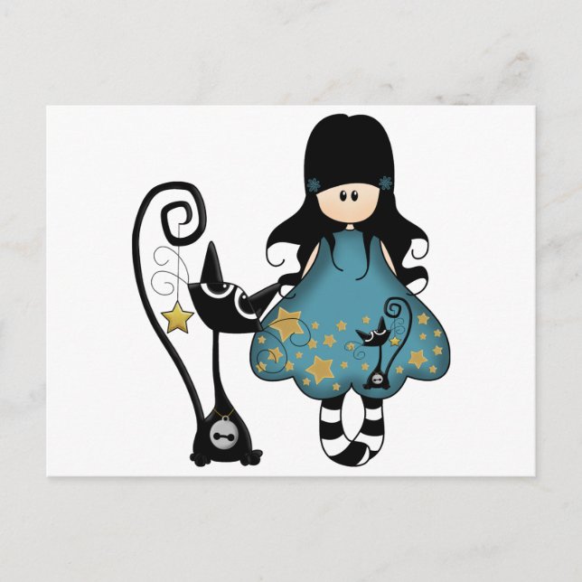 Carte Postale Fille Goth fille avec chat noir (Devant)