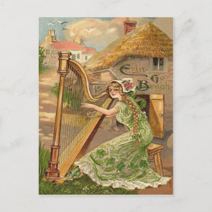 Carte Postale Fille Harpe Rose Trèfle Erin Go Braugh