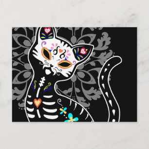 Carte Postale Fille Jour des morts mignon chat coutume noir