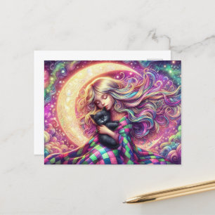 Carte Postale Fille Lune Croissant Dormir Avec Chat Noir
