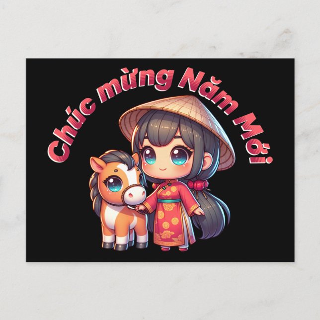 Carte Postale Fille mignonne du Nouvel An vietnamien & Cheval (Devant)