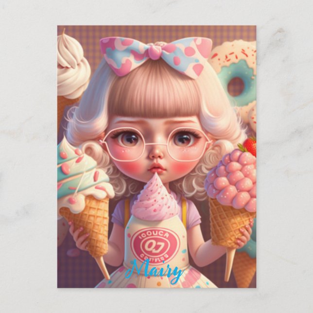 Carte Postale Fille mignonne Kawaii avec des glaces   (Devant)