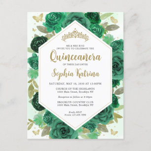 Carte Postale Fille moderne Emerald vert Floral or Quinceañera