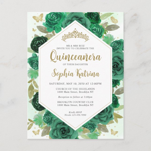 Carte Postale Fille moderne Emerald vert Floral or Quinceañera (Devant)