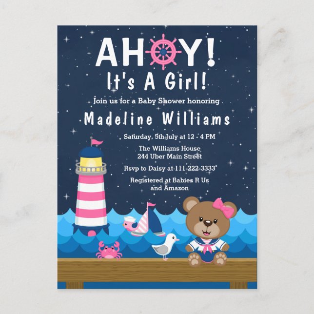 Carte Postale Fille nautique ours rose et marine Baby Shower (Devant)
