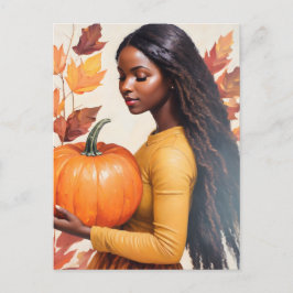 Carte Postale Fille noire avec feuilles d'automne Citrouilles