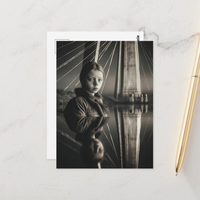 Carte Postale Fille noire et blanche au pont Double exposition (Devant/Arrière en situation)