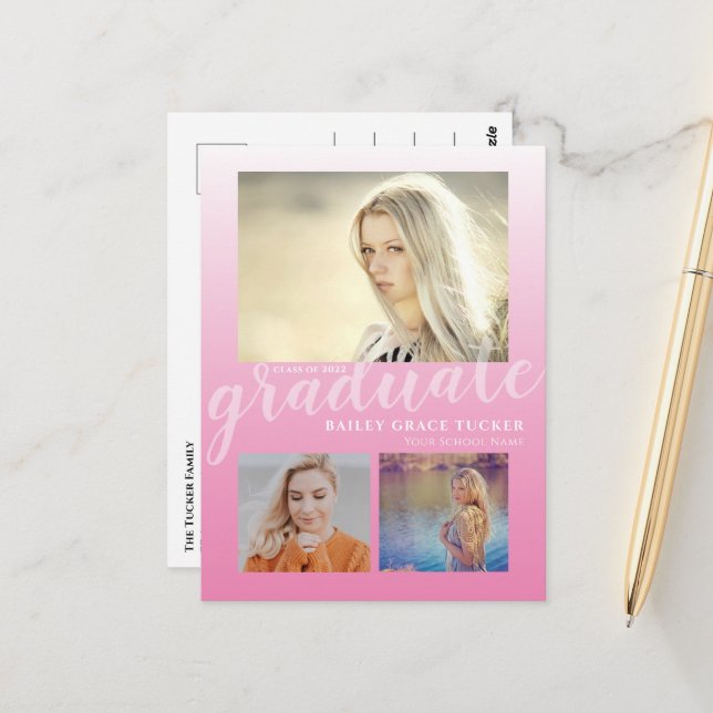 Carte Postale Fille Ombre rose moderne Parti d'obtention du dipl (Devant/Arrière en situation)