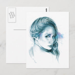 Carte Postale Fille portrait dessin au crayon Bleu