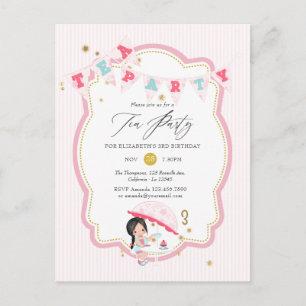 Carte Postale Fille rose et or 3ème anniversaire thé party