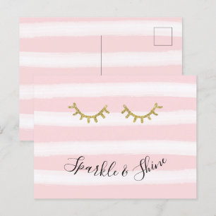 Carte Postale Fille rose rayures or Parties scintillant cils