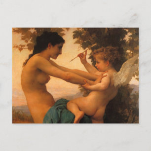 Carte Postale Fille se défendant contre la cupidité par Bouguere