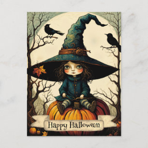 Carte Postale Fille sorcière Citrouille Halloween heureux