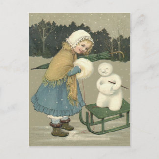 Carte Postale Fille souriante Bonhomme de neige Traîneau Neige B