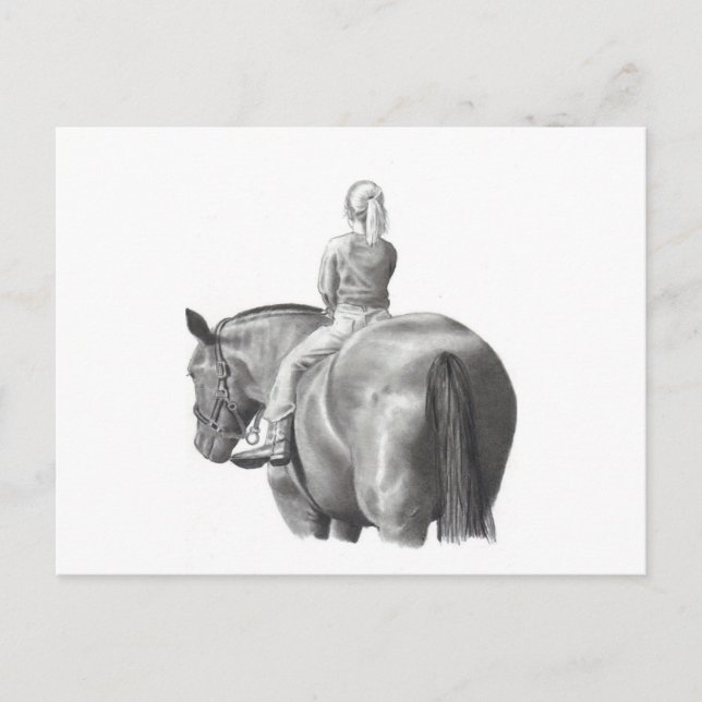CARTE POSTALE FILLE SUR HORSEBACK : ART PENCIL : RÉALISME (Devant)