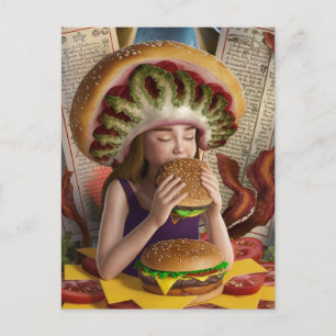 Carte Postale Fille surréaliste bizarre avec un Bacon Cheeseburg